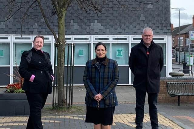 MP Lee Anderson with Nottinghamshire PCC Caroline Henry (left) and Home Secretary Priti Patel outside Eastwood Library.