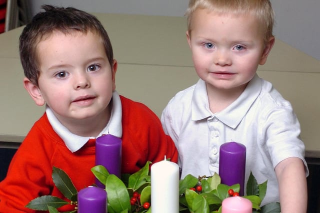 Callum and Jamie Barron are pictured with Christmas wreaths at the South Hetton Primary School Christmas fair in 2009.