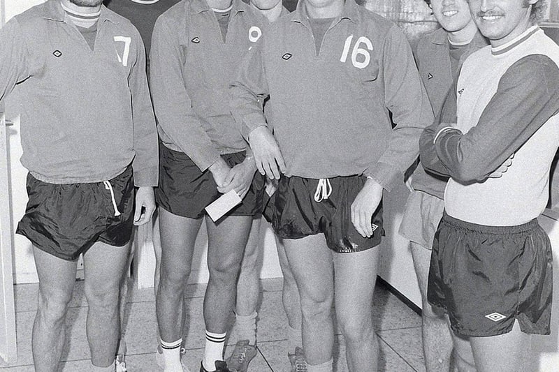 The Stags players return to training in 1979. Pictured from Left to right are Kevin Bird, John McClelland, Terry Austin, Ian Wood, Steve Taylor, Martin New and Rod Arnold