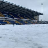 Snow has blanketed the One Call Stadium pitch. Photo: Mansfield Town FC.