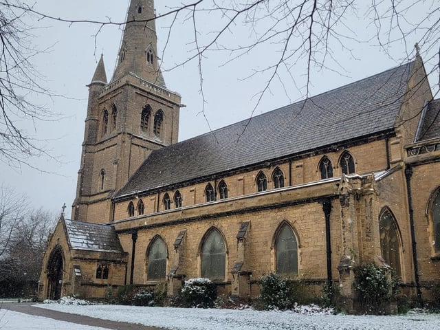 Snowy scenes at the Church of St Peter & St Paul's, Church Side, Mansfield.