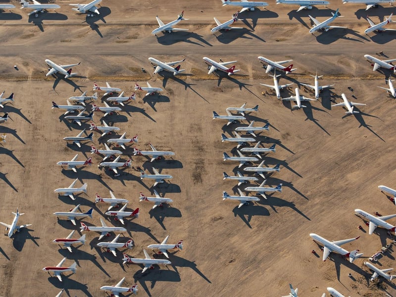 These astounding images show billions of dollars worth of aircraft parked up and disused due to COVID-19 travel restrictions.