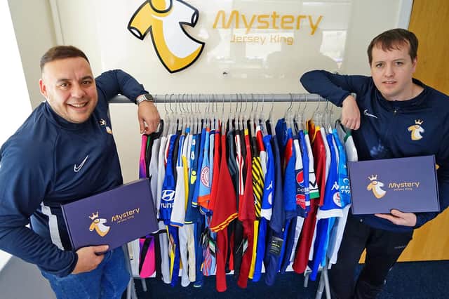Football fans-turned-entrepreneurs Alex Street and Jamie King, the bosses of Mystery Jersey King, based in Pinxton.