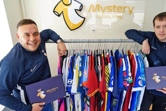 Football fans-turned-entrepreneurs Alex Street and Jamie King, the bosses of Mystery Jersey King.