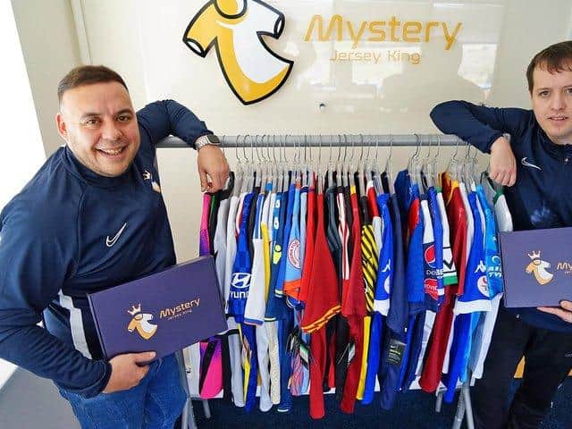 Football fans-turned-entrepreneurs Alex Street and Jamie King, the bosses of Mystery Jersey King.