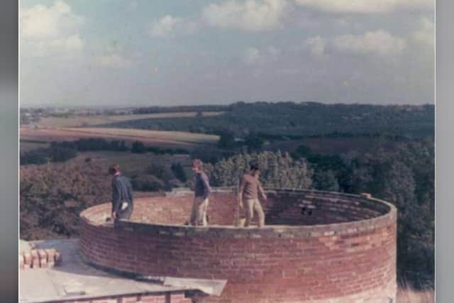 Early members of the Mansfield & Sutton Astronomical Society complete the brickwork for the observatory dome. Every brick used in the construction of the Observatory was reclaimed and painstakingly hand cleaned and prepared for re-use by members. Image by: Mansfield & Sutton Astronomical Society.