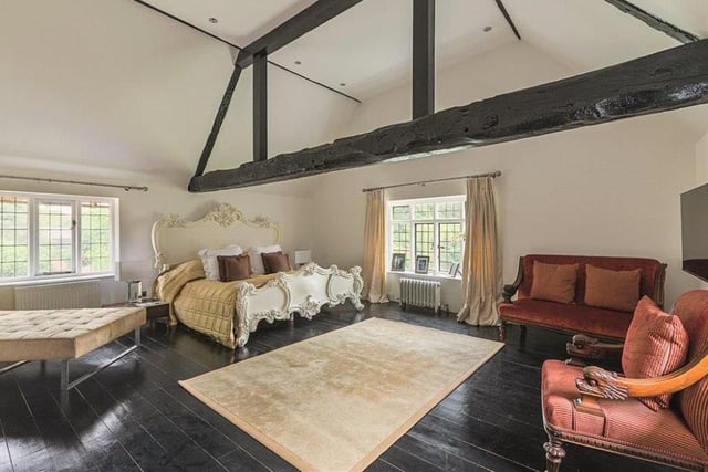 This spectacular, spacious bedroom is one of the highlights at Hurst Lodge, where there are 12 bedrooms in all, plus ten bathrooms. Set in 45 acres of parkland, the property comes with a converted coach house, farm buildings and a cottage.