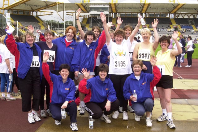 Pictured at the Don  Valley Stadium, where the Race For Life run was held to raise money for women's cancers. Seen in 2002 were ladies from the Thomas Rotherham College who make up the group BRAS which stands for Breast Raising Awarness Sisters.