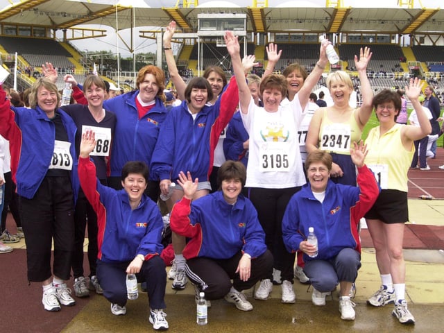 Pictured at the Don  Valley Stadium, where the Race For Life run was held to raise money for women's cancers. Seen in 2002 were ladies from the Thomas Rotherham College who make up the group BRAS which stands for Breast Raising Awarness Sisters.