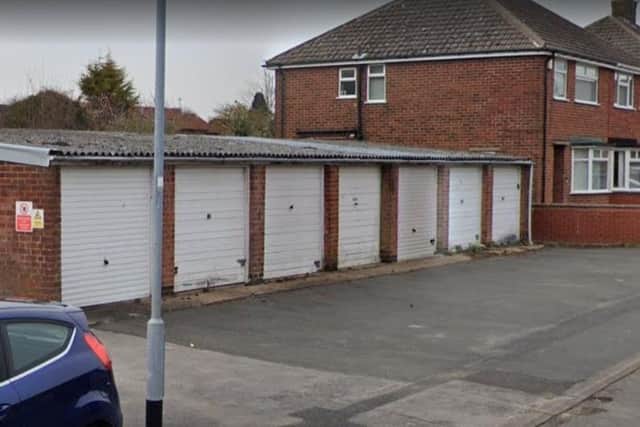 This six-garage site on Meadow Close in Kirkby is one of the sites being considered for selling off. Photo: Google