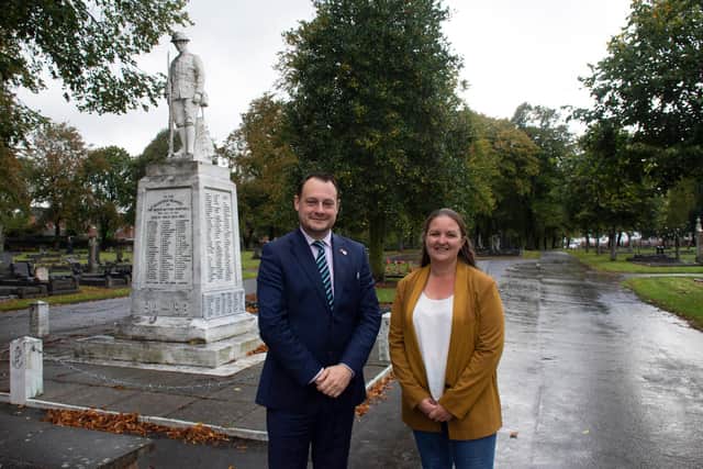 Councillors Jason Zadrozny and Samantha Deakin at Sutton war memorial.