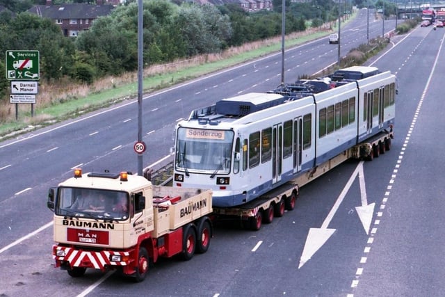 One of the first trams being transported into Sheffield in 1993.