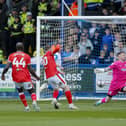 George Maris scores during the Sky Bet League 2 match against Barrow AFC at the SO Legal Stadium, 27 April 2024Photo credit : Chris & Jeanette Holloway / The Bigger Picture.media