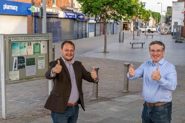 Jubilant Ashfield District Council leader Jason Zadrozny with Coun Matthew Relf, cabinet member for place, planning and regeneration, in Kirkby town centre.