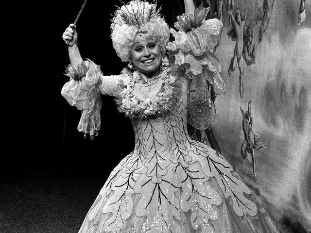 Barbara Windsor on stage at the London Palladium rehearsing her role as the Fairy in 'Babes in the Wood' pantomime in 1987