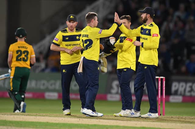 Mason Crane of Hampshire Hawks celebrates taking the wicket of Tom Moores of Notts Outlaws.