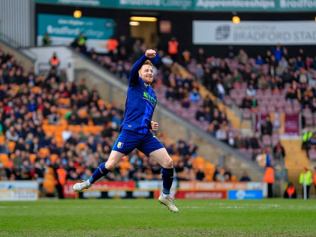 Veteran Stephen Quinn celebrates during the 5-1 away win at Bardford City in March.