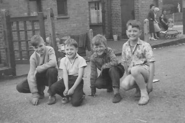The first photo Steve is trying to recreate. Pictured in 1961 at Brierley Cottages in Sutton are (from left) Tony Varley, Billy Varnham, Steve himself and David Godson.