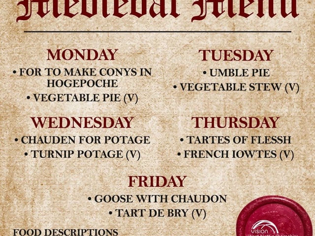 Vision West Nottinghamshire College has decided to take a step back in time to the Middle Ages, the era when Robin Hood lived in Sherwood Forest. Starting next week, the college will be introducing a medieval-themed menu that will change weekly in their cafeterias. Students can eat like villagers of Robin Hood's day.