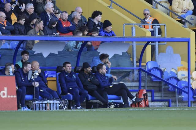 Stags' home bench during the Sky Bet League 1 match against Blackpool FC at the One Call Stadium, 05 Oct 2024, Photo credit Chris & Jeanette Holloway / The Bigger Picture.media