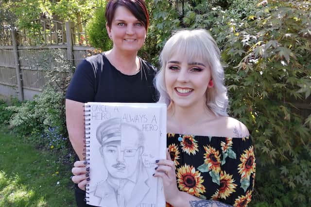 Tami and Ella Williamson with the Captain Tom sketch (Picture credit: Tami and Ella Williamson)