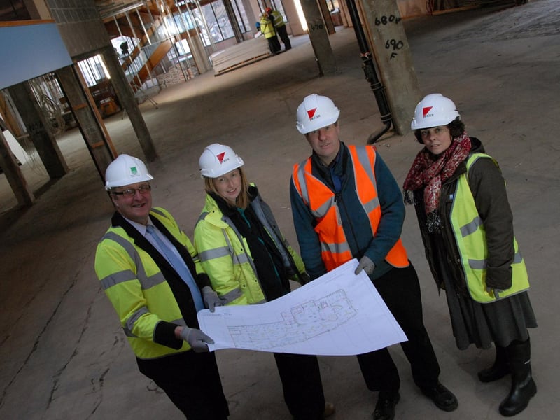 Mansfield Library refurbishment in 2011. Pictured L to R are; Notts County Council, coun. John Cottee Cabinet Member for Culture and Community, Libby McCartney Kier Marriott Site Manager, David Eberlin Notts County Council Principle Architect and Paula Frazer Library Manager.