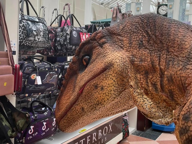 A dino takes a break for a bit of shopping.