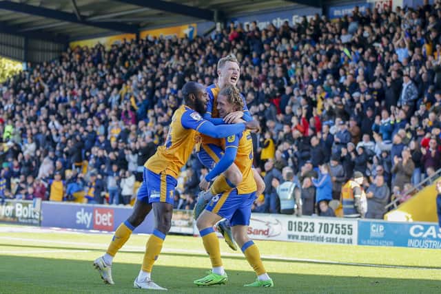 Stags celebrate their late winner against Walsall. Photo by Chris Holloway / The Bigger Picture.media