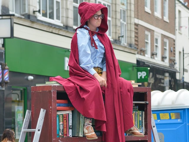The Full Shebang one day arts festival in Mansfield Town Centre.Tit For Tat perform Books!:The Full Shebang, Mansfield town centre, 3/9/22