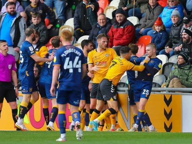 John-Joe O'Toole was sent off in the aftermath of this incident at Newport County. He has one straight red and six bookings in 18 games.