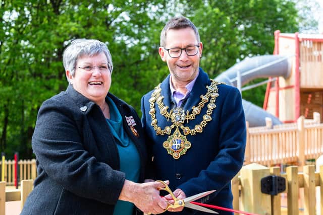 Nottinghamshire Deputy Lieutenant Cheryl Lacey cutting the ribbon with Executive Mayor of Mansfield Andy Abrahams to open the park