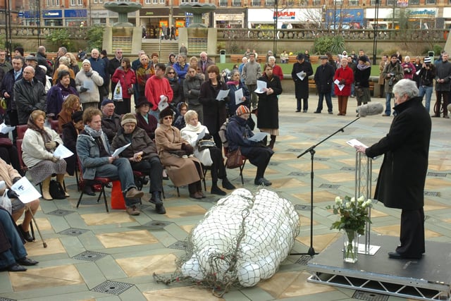Councillor Jan Wilson speaking at the Holocaust Memorial Day event held at the Peace Gardens, Sheffield on January 25, 2006