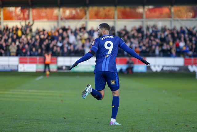 Jordan Bowery celebrates the opening goal during the Sky Bet League 2 match against Salford City FC at The Peninsula Stadium, 11 Nov 2023 
Photo Chris & Jeanette Holloway / The Bigger Picture.media