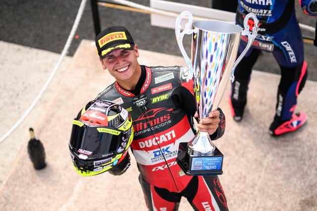 Kyle Ryde celebrates after two race wins at Oulton Park. Pic: Michael Hallam.