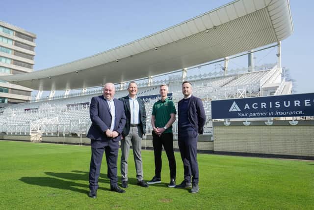 From left to right: Mike Dickinson, Managing Director of Russell Scanlan Acrisure, Mark McIlquham, CEO of Acrisure UK with Michael Temple Commercial Director and Joe Sharphouse, Head of Commercial Sales at NCCC, at the new Acrisure Stand at Trent Bridge.