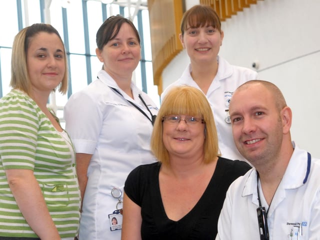 2010. King's Mill Hospital Excellence Awards. The Highly Commended team from Infection Prevention and Control are from left, standing, Sarah Watson, Deborah Hamilton and Sally Palmer, and seated Tracey Rowles and Craig Keeling.