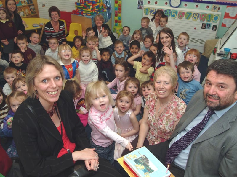 Sutton Hillocks School Foundation Stage Unit celebrated its first anniversary on Thursday with a party for the children, parents, and governors. Pictured from the front left are Headteacher Louise Regan, Hannah Seedhouse, Lynne Webster (Foundation Stage Teacher), and Paul Mountain (Schools Improvement Advisor) as they cut the cake. 2007.