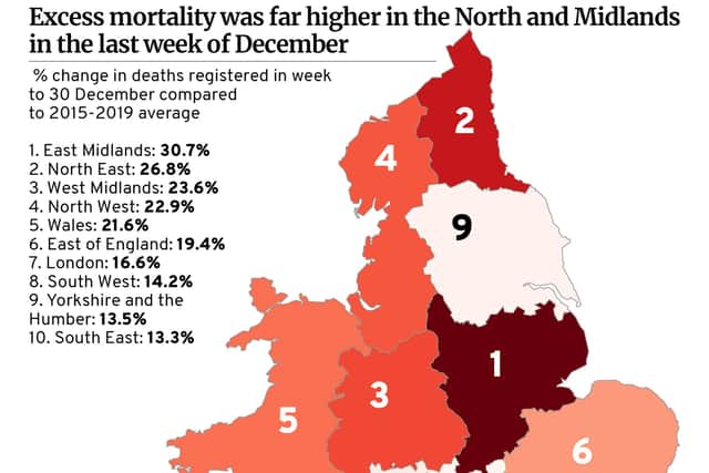A map showing the increase in deaths across the country during the last week of December.