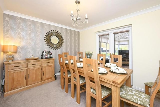 A meal with family or friends would be a delight in this dining room, which is accessible from both the lounge and the kitchen at the Eakring Road house.