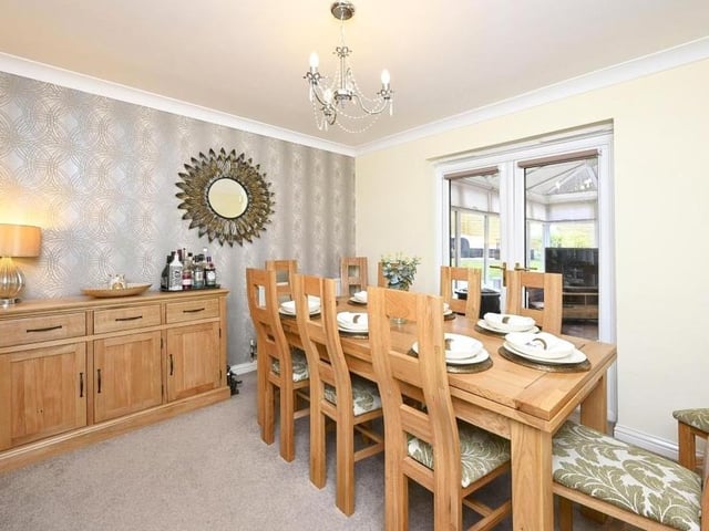 A meal with family or friends would be a delight in this dining room, which is accessible from both the lounge and the kitchen at the Eakring Road house.