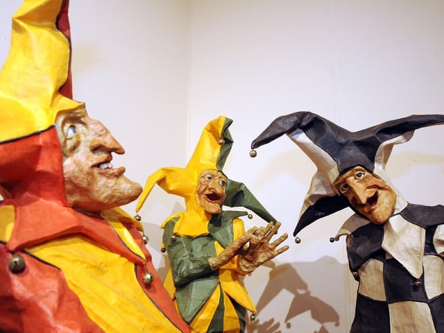 Jesters created by Phillip Cox as part of his papier mache sculpture exhibition at the Mansfield Museum.