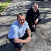 Coun David Martin (left), with fellow Ashfield Independent, Coun Jason Zadrozny, inspecting a pothole in Underwood.