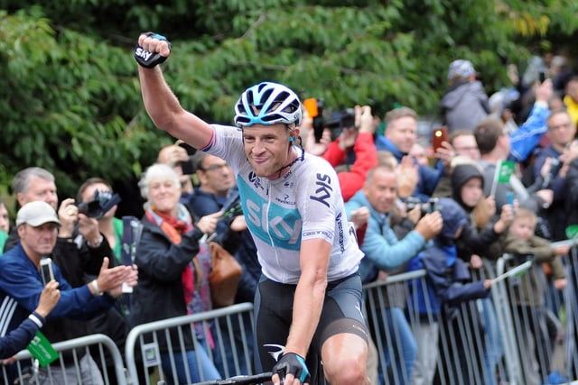 The winner, Ian Stannard makes his way past the finish post to applause from waiting fans.