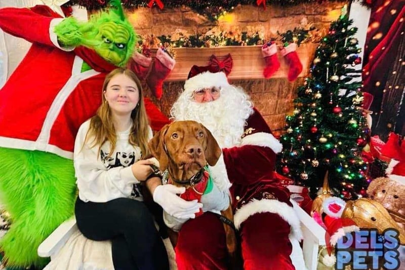 Abigail and Chester with the Grinch and Santa Paws.