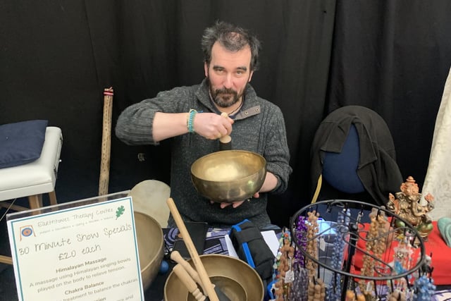 Alex Nivlet, of the Earthtones Therapy Centre in Mansfield, playing the singing bowl.