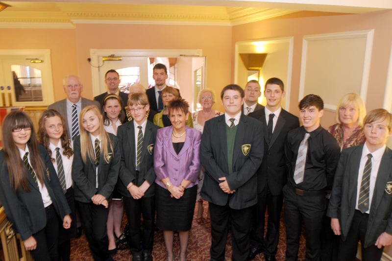 Janice Addison, centre, Principal of The Brunts Academy, pictured with guests and students at their Celebration Evening held at the Civic Theatre in 2012.