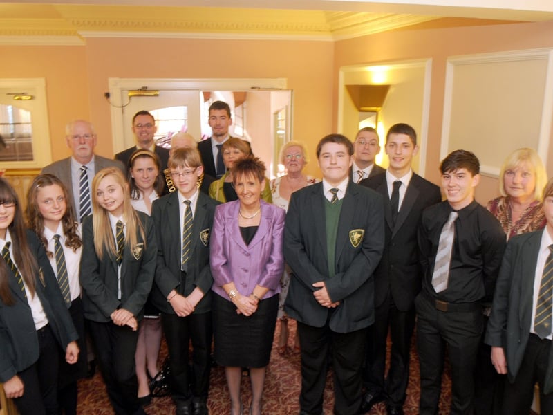 Janice Addison, centre, Principal of The Brunts Academy, pictured with guests and students at their Celebration Evening held at the Civic Theatre in 2012.