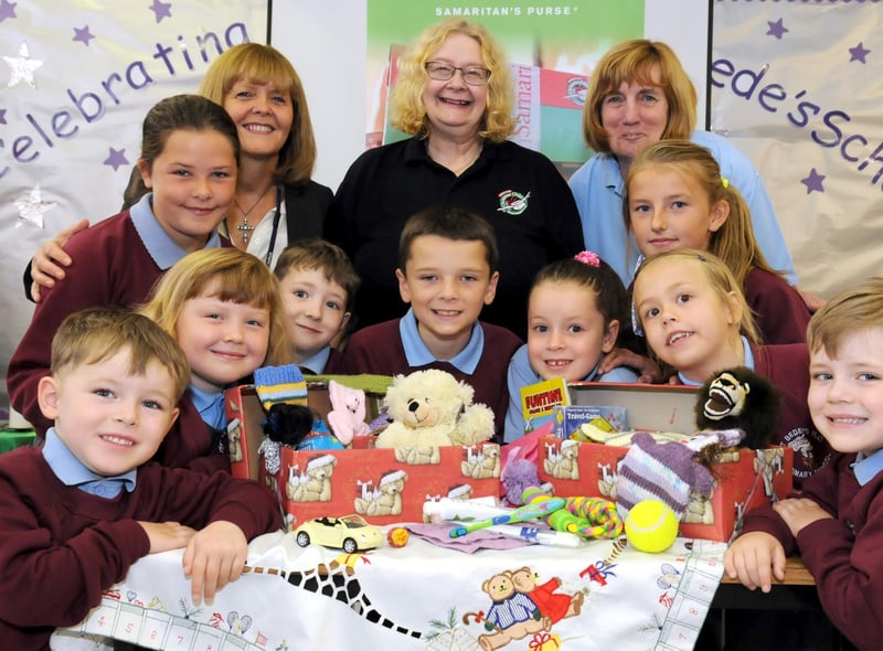 St Bede's RC Primary School, Jarrow, pupils helped launch the 2014 Operation Christmas Child Shoebox Appeal, with Carol Hall, centre, headteacher Moria Rooney, left, and Trish Octon.