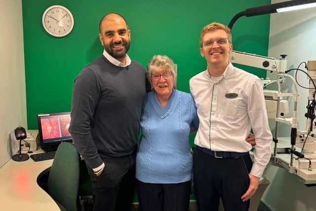 Specsavers Sutton-in-Ashfield director Sunny Boyal with Jacob Evans and his grandmother, Marlene White.