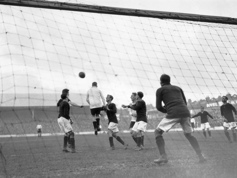 Players compete for the ball in the goal area as Nottingham Forest play Tottenham Hotspur on 1st Nov 1923.